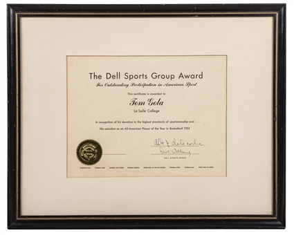 1954 Tom Gola La Salle Outstanding Participation In Sport Award Issued By Dell Sports Group (Gola LOA)